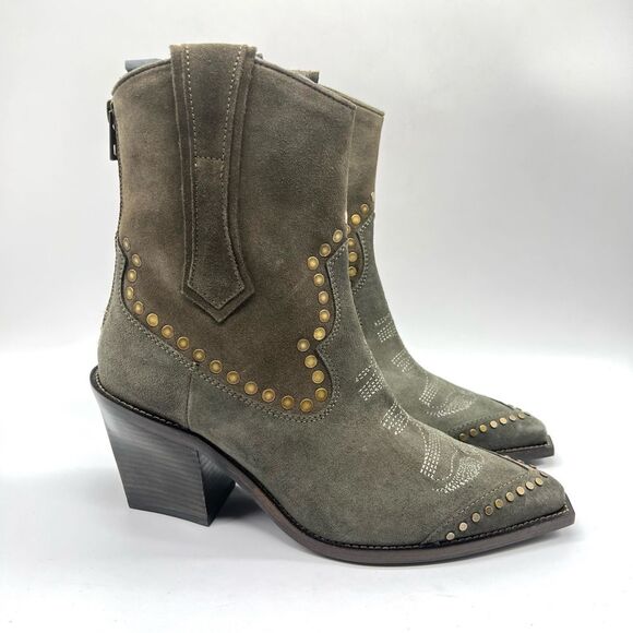 ZADIG & VOLTAIRE Womens 40 Cara Studded Western Boot Khaki Suede Leather Boots - Picture 2 of 16